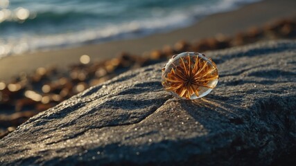 Poster - A crystal-like object resting on a rock by the shore, illuminated by soft sunlight.