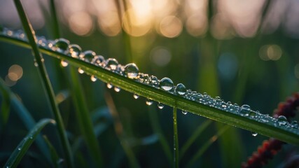 Poster - Close-up of a grass blade adorned with dew drops, reflecting sunlight.