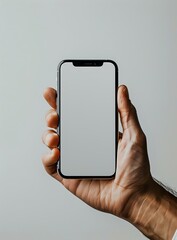 Poster - male hand holding modern smartphone with blank white screen against light gray background. mockup fo