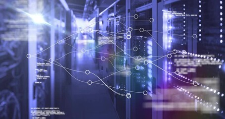 Poster - network of connections and data processing animation over server room background