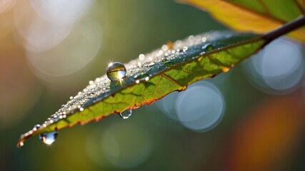 Poster - A close-up of a leaf with dew droplets glistening in soft light.