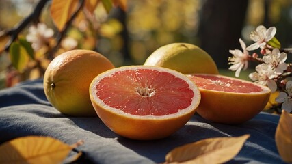 Poster - Freshly sliced grapefruit surrounded by whole fruits and autumn leaves.