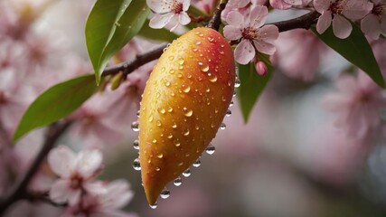 Poster - A mango hanging from a branch adorned with pink blossoms and droplets of water.