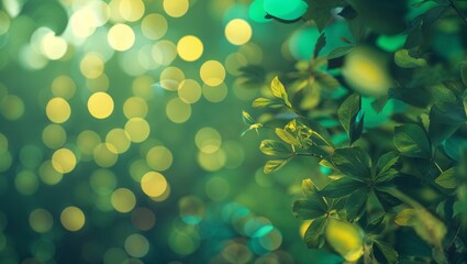 Poster - Green leaves illuminated by soft, dreamy bokeh lights in a serene outdoor setting during twilight