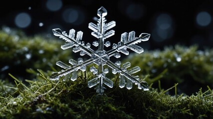 Poster - A close-up of a snowflake resting on moss, showcasing intricate ice patterns and textures.
