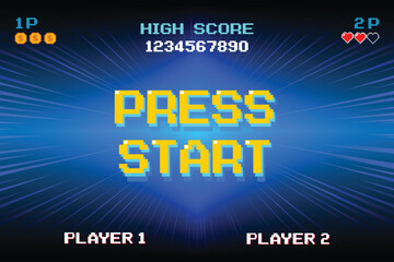 Leinwandbilder - PRESS START INSERT A COIN TO CONTINUE .pixel art .8 bit game. retro game. for game assets .Retro Futurism Sci-Fi Background. glowing neon grid. and stars from vintage arcade computer games