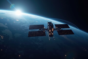 Poster - Satellite in Orbit Over Earth with Communication Equipment Visible