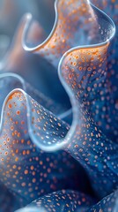 Poster - Abstract macro photography of curved translucent surface with orange water droplets on blue background creating dynamic pattern and texture for creative design projects.