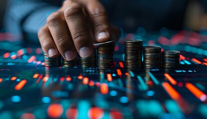 Poster - African American male hand stacking coins on financial chart background with glowing red and blue market data visualization showing investment growth.