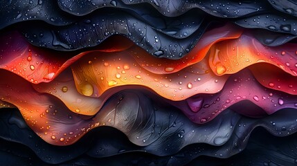 Poster - Abstract wavy layers in vibrant orange, red, and dark blue colors with water droplets creating depth and texture, modern artistic background for graphic design projects.