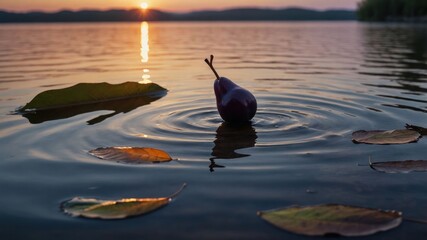 Poster - A serene sunset over a lake with a pear and leaves creating ripples in the water.