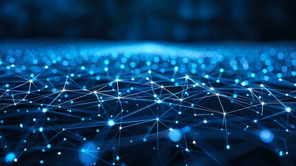 Poster - glowing blue network connections with dots and lines forming digital mesh pattern against dark backg