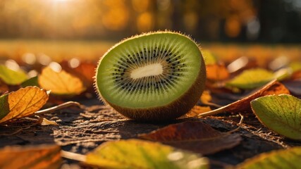 Poster - A halved kiwi on a wooden surface surrounded by autumn leaves in soft sunlight.