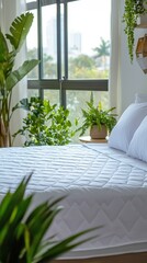 Poster - In a bright and airy space, a beautifully made bed sits surrounded by vibrant plants. Sunlight pours in through large windows, creating a peaceful atmosphere for rest and reflection