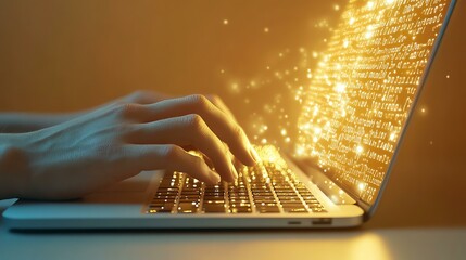 A close-up of hands typing on a laptop, with glowing binary code emerging from the screen, symbolizing the digital world's influence on creativity.