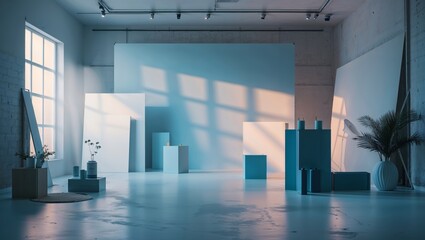 Poster - artistic studio interior with blue tones and soft shadows during the late afternoon light