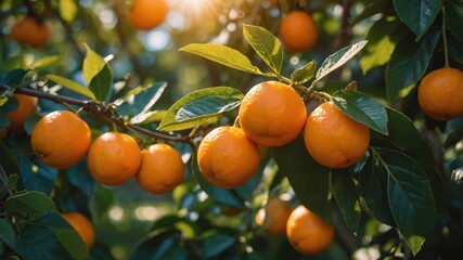 Poster - Ripe oranges hanging on a tree branch, illuminated by sunlight.