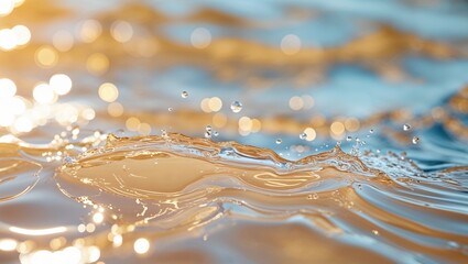 Poster - Water droplets create ripples on the surface under warm golden sunlight in a serene natural environment