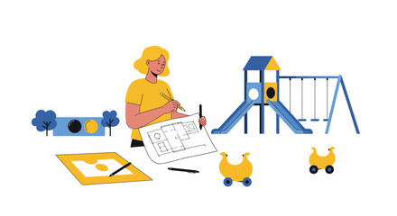 Poster - Designer sketching playground layout with colorful toys in flat vector art