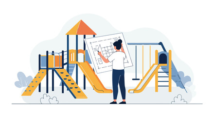 Poster - Playground design concept with a child creating plans in flat vector art