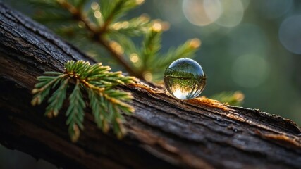 Poster - A crystal-clear droplet resting on a wooden branch, reflecting greenery and soft light.