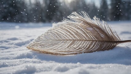 Poster - A delicate feather rests on a snowy landscape, surrounded by soft falling snowflakes.