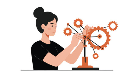 Poster - Woman adjusting mechanical gears in a minimal flat design vector illustration
