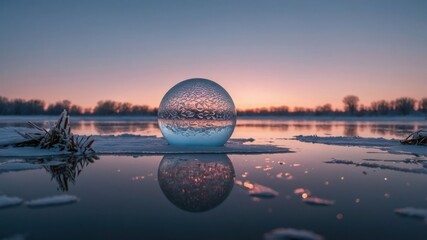 Poster - A crystal ball on icy water at sunset, reflecting the serene winter landscape.