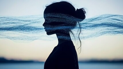 Poster - A silhouetted portrait of a woman with abstract flowing elements