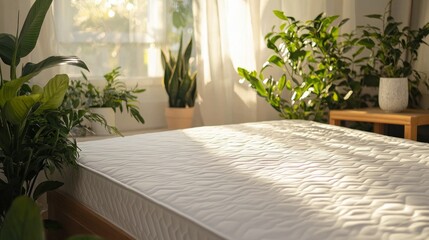 Poster - In a tranquil room filled with vibrant greenery, soft sunlight illuminates a crisp, clean mattress on a wooden frame, creating a peaceful atmosphere for relaxation and comfort