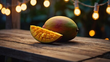 Poster - A ripe mango sliced on a wooden table with warm string lights in the background.
