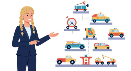Poster - Woman presenting various types of vehicles in minimal flat design vector illustration