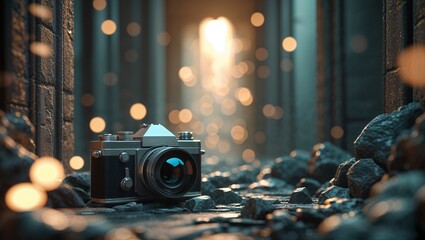 Poster - Camera resting on rocky ground illuminated by soft bokeh lights in a narrow alleyway captured in an artistic setting