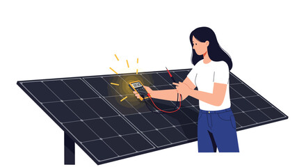 Poster - Woman testing solar panel with multimeter in flat vector art style