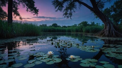 Poster - Tranquil water scene with lily pads and a colorful sunset.