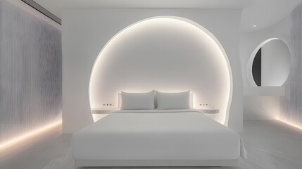 Poster - A minimalist bedroom featuring a round backlit headboard and sleek white decor, creating a serene and modern atmosphere