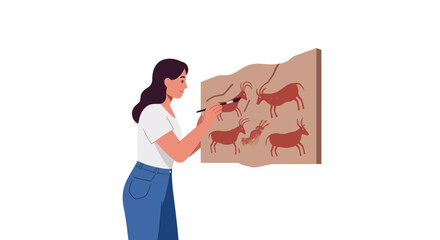 Poster - Woman creating cave art with animals in detailed flat vector illustration