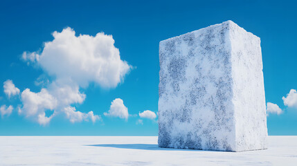 Poster - A large ice block stands on a snowy landscape under a bright blue sky with fluffy clouds