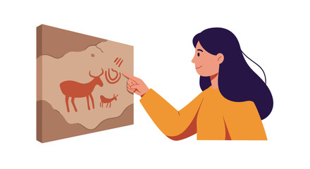 Poster - Woman interacting with ancient cave art in flat vector illustration style