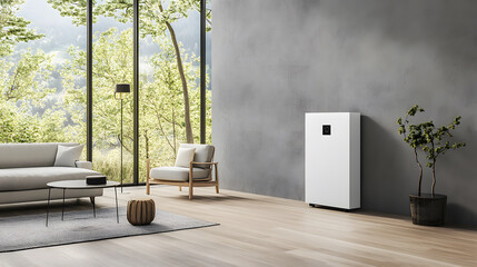 Poster - A modern living room featuring a sleek white refrigerator, minimalistic furniture, and large windows showcasing a serene outdoor view