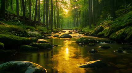 Poster - A serene forest scene with a glimmering stream reflecting sunlight, surrounded by lush greenery and rocks