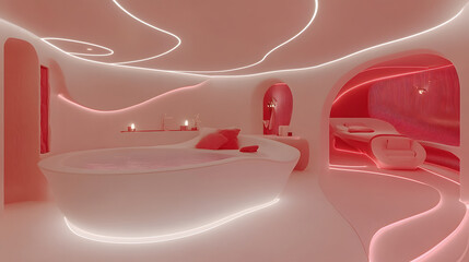 Poster - A modern, pink-themed interior featuring soft curves, ambient lighting, and a luxurious bathtub, creating a serene and inviting atmosphere