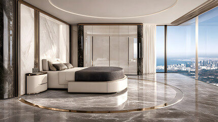 Poster - A luxurious bedroom featuring modern design, marble flooring, large windows with a stunning city view, and elegant furnishings