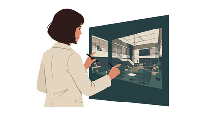 Poster - Professional woman analyzing design changes in flat style vector art