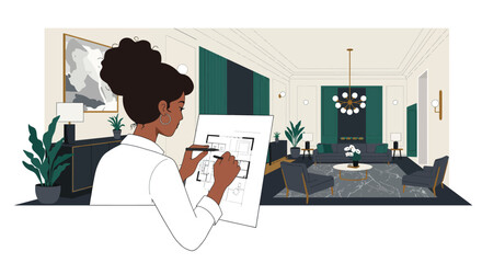 Poster - Designer sketching interior concepts in minimal style vector art
