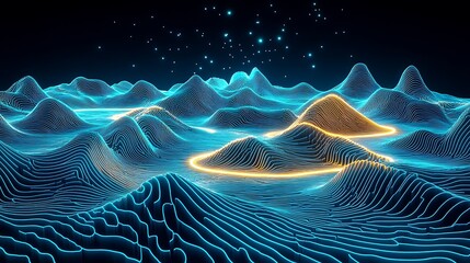Poster - Digital representation of rolling hills and glowing lights in space