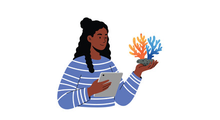 Poster - Woman with tablet examining vibrant coral in a flat vector illustration