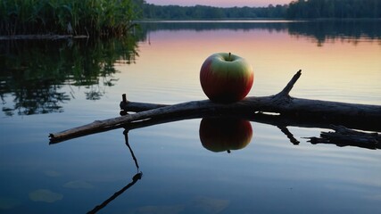 Poster - A reflective apple rests on a log over calm water during sunset.