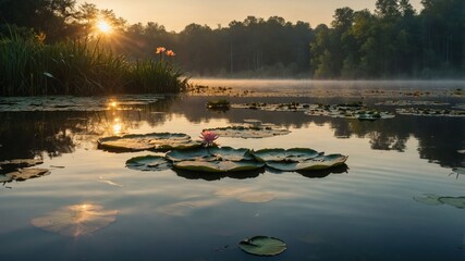 Poster - Serene sunrise over a misty lake with lily pads and blooming flowers.