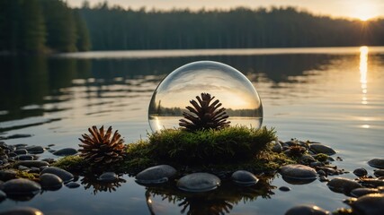 Poster - A crystal ball reflects nature, featuring pinecones on a mossy base by a serene lake.